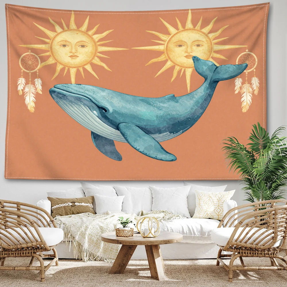 Warm Orange Sun Whale Dream Catcher Wall Tapestry, Symmetrical Boho Decor