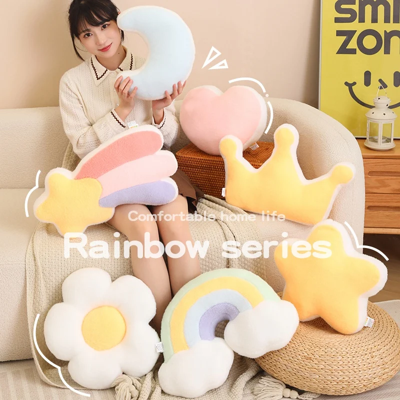 Candy Color Rainbow Cloud Star Moon Plush Pillow Stuffed Soft Flower Toy Throw Pillow Cushion Home Sofa Decor Gift for Friend