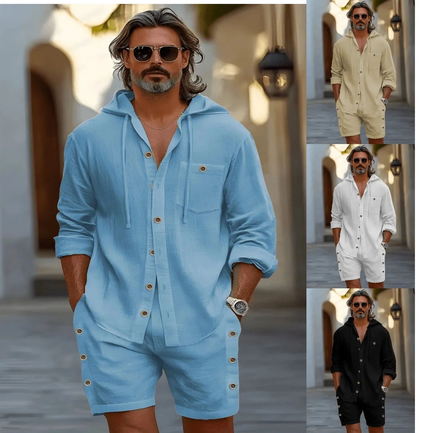

Summer men's new cotton and linen fashionable, individualistic, casual, breathable beachwear, with hooded long-sleeved shorts