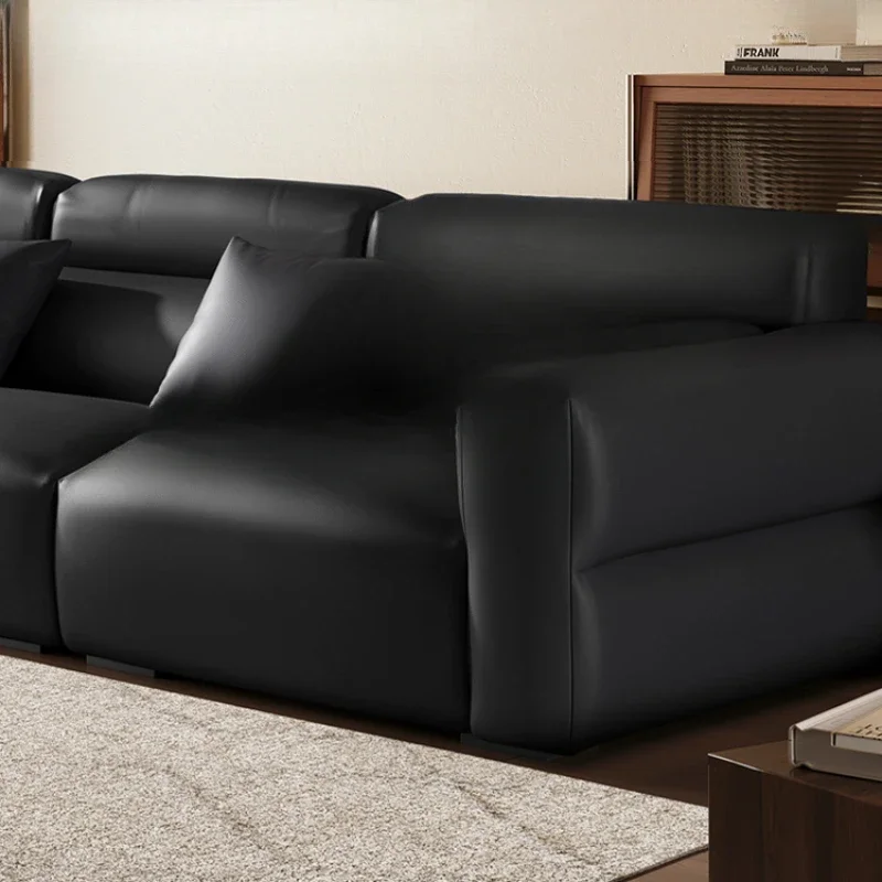 Little Black Cow Leather 4-seater minimalist living room small apartment black in-line sofa