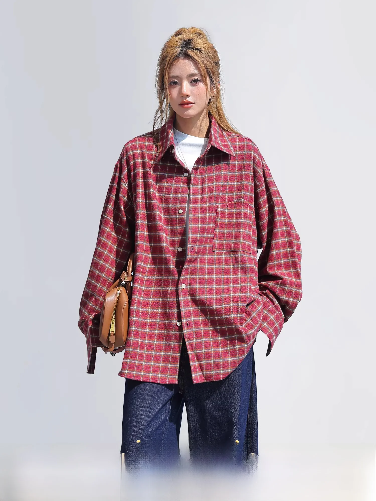 

Рубашка из чистого хлопка в клетку с длинными рукавами, женская свободная рубашка с весенним дизайном, повседневная верхняя одежда, пальто в стиле преппи для девочек, модный тренд