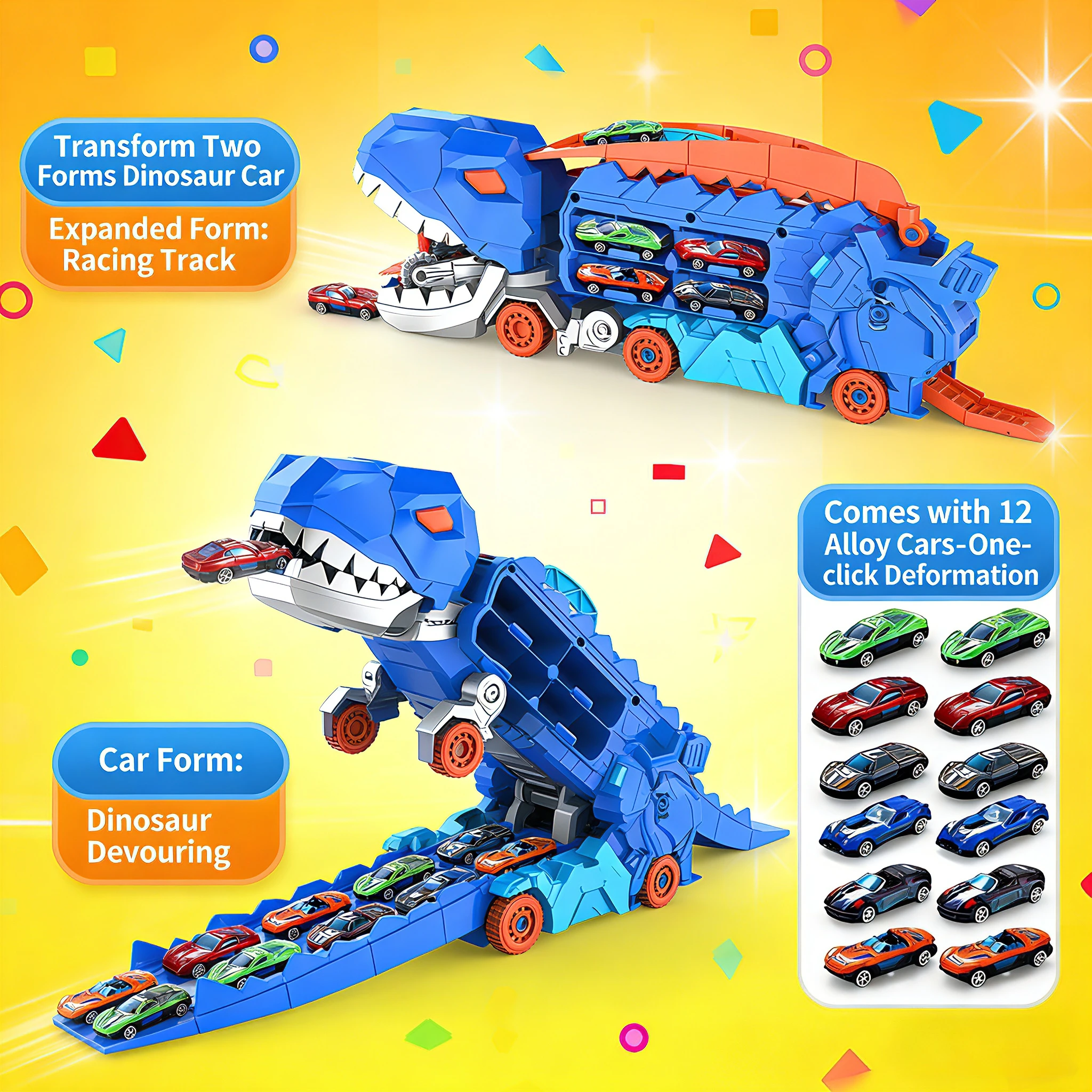 Lagerwagen in Dinosaurierform, Zwei-in-Eins-Gleitschiene Tyrannosaurus Rex, devouring Autos aus Metalllegierung, Geschenk für ein Jungen und ein.