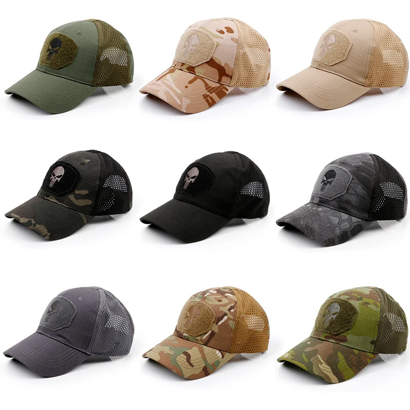 

Tactical Men Women Baseball Cap Mesh Breathable Skull Jungle Sun Visor Snapback Cotton Camouflage Outdoor Sunshade Hats H036