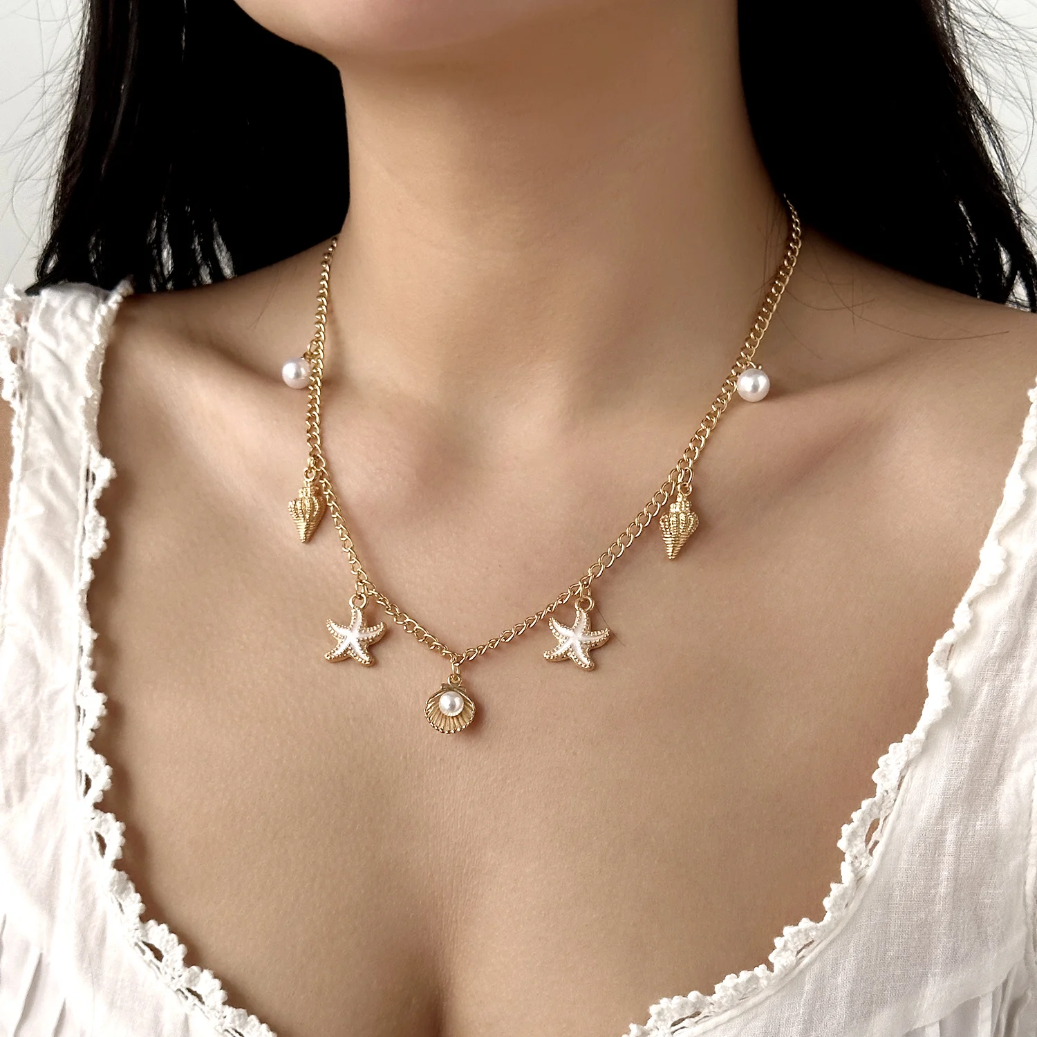 Modische Goldfarbene Anhängerkette mit Seestern, Muschel und Schildkröte für Damen, Handgefertigte Muschelketten-Halskette, Sommer-Strandparty-Schmuck – Detail 12