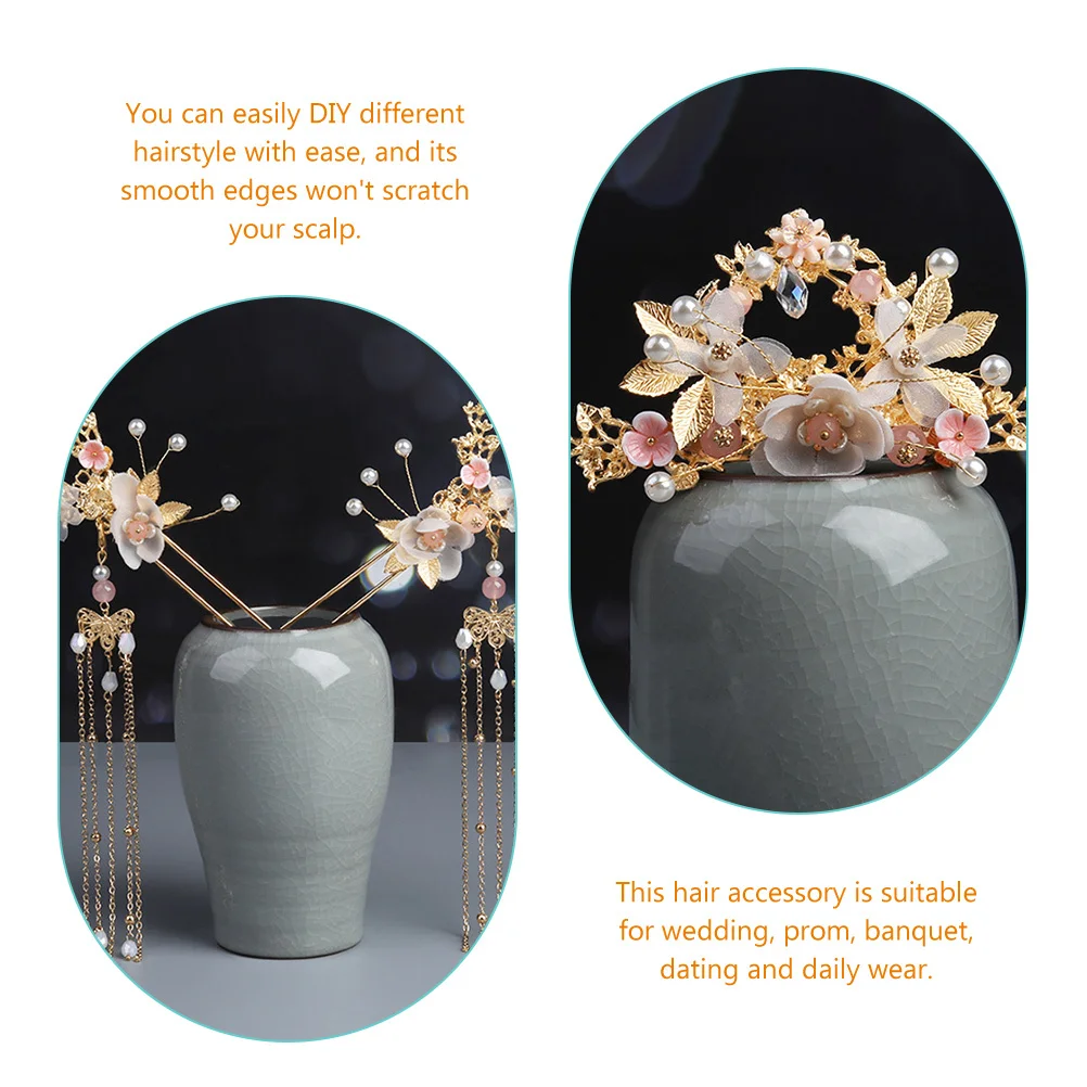 

3Pcs Ancient Style Flower Hair Sticks Tassel Decorative Pins for Wedding Prom Daily Wear Elegant Hair Accessories