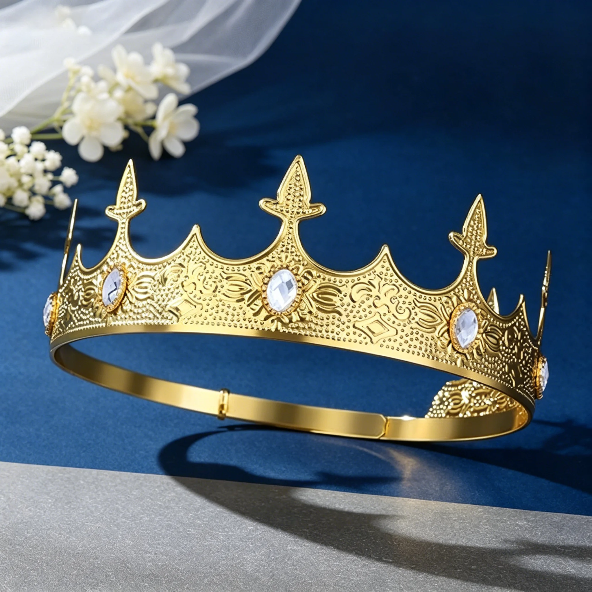 Medieval Wedding King Crown – Gold royal headpiece with clear crystals, ideal for the groom image 2