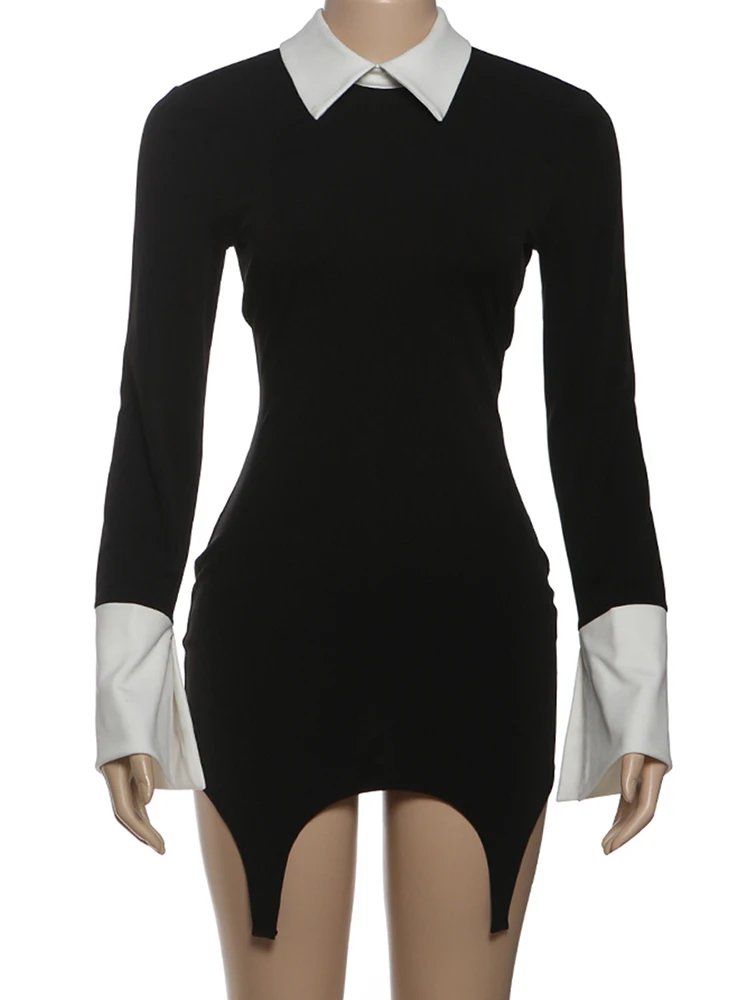 Nibber Revers Patchwork Kleid Frauen Büro Stil Unregelmäßigen Saum Hohl Kurze Quaste Einzigen Schnalle Dünne Mode Mini Bodycon