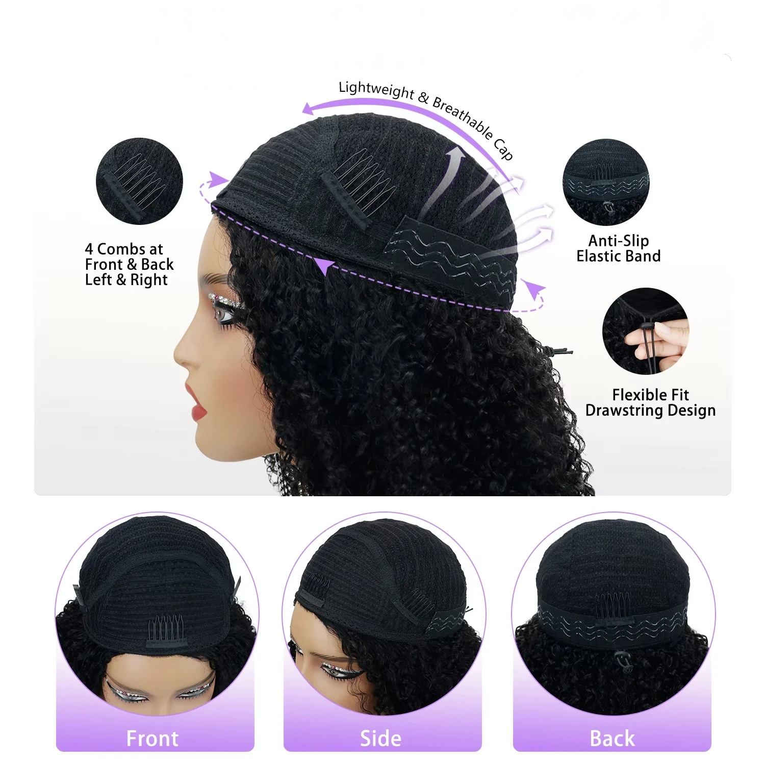 Lockige 3-in-1 16 bis 32 Zoll Halbperücke mit Stirnband, 220% Dichte, mit verstellbarem Kordelzug, nahtlosen Clips, vollständig maschinell gefertigt – Detail 6