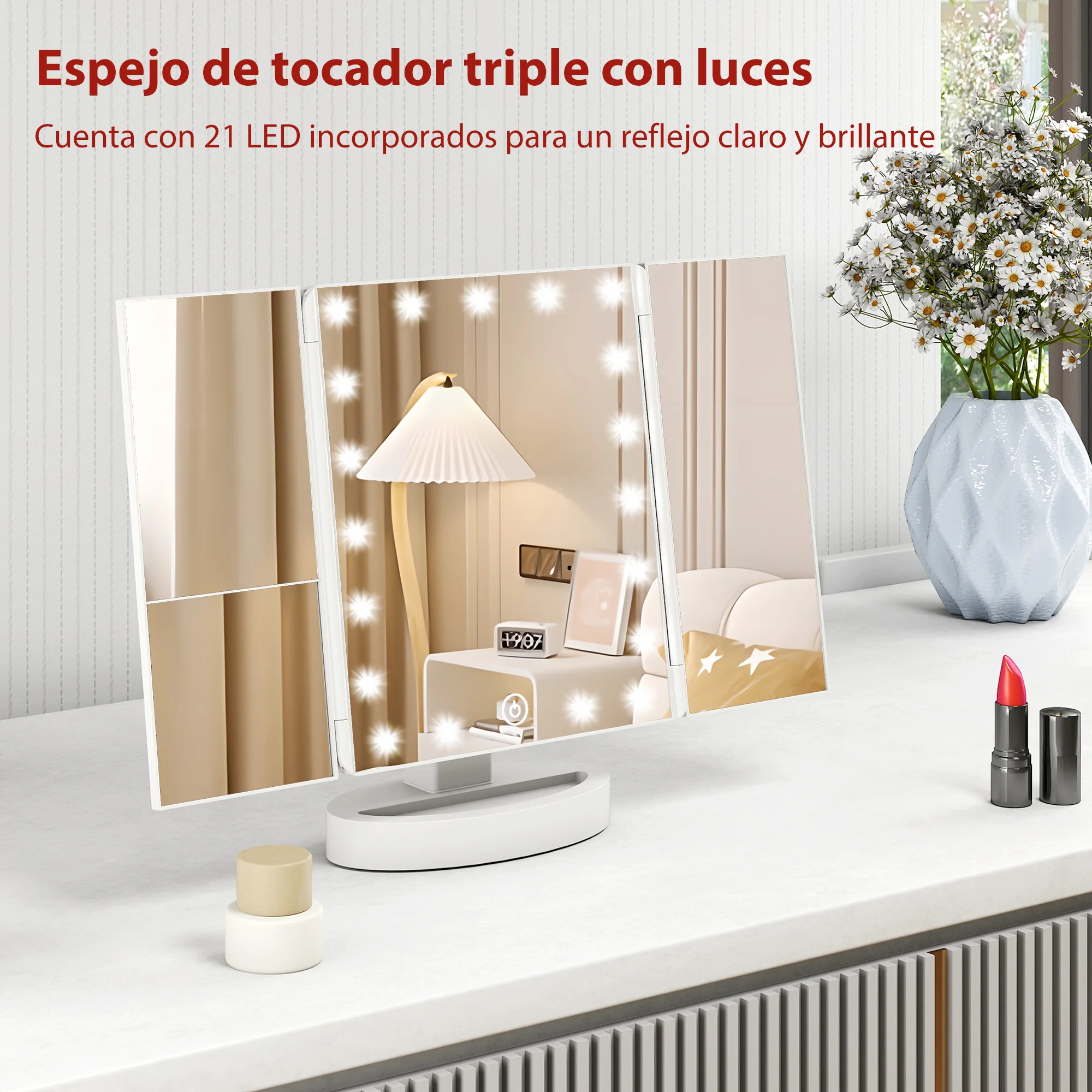 HOMCOM Espejo de Maquillaje Triple con Luz LED y Aumento 1X/2X/3X, Rotación 180° 💡