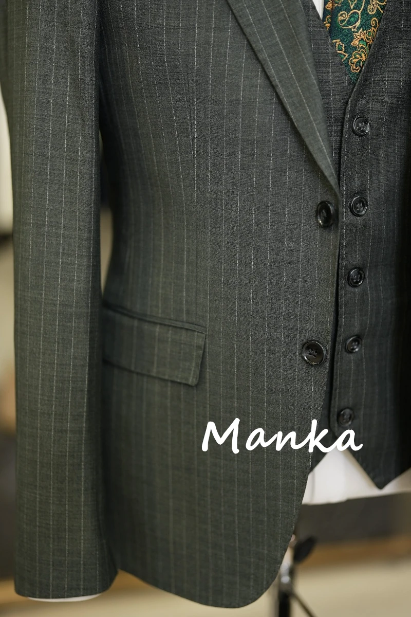 Classic Mens Striped Suit Italian Style Slim Fit Jacket Vest Trousers for Wedding Business Office Formal Male Suits