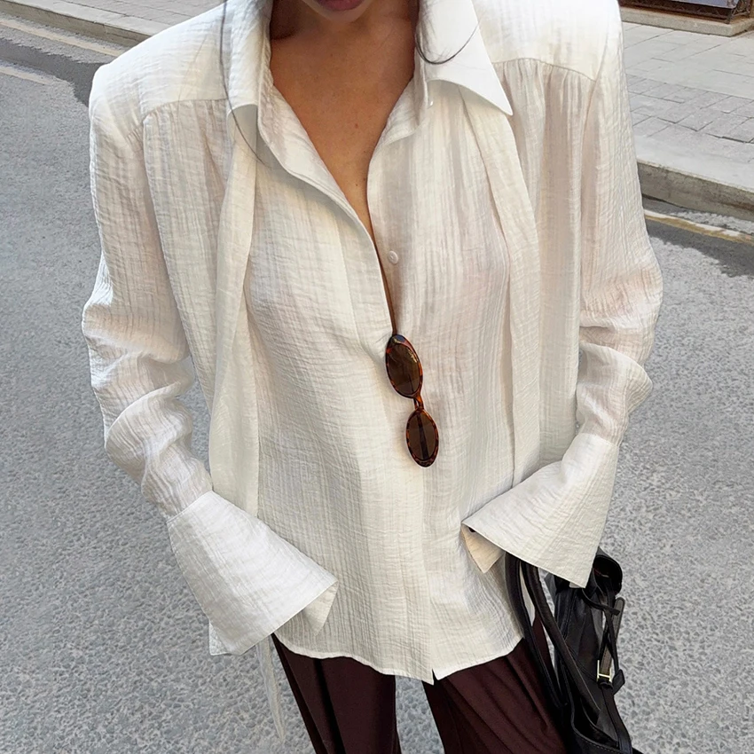 

Linad Street Chic, белый шарф с воротником, женская блузка, повседневные рубашки с расклешенными рукавами, женские осенние винтажные однобортные топы 2023 г.