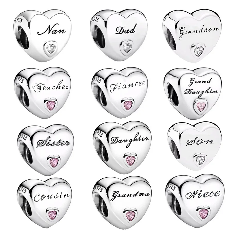 Heart-Shaped Charm Bead with Letter Wife, Best Friends, Mom, Dad Fit Original Silver 925 Pandora Bracelet Necklace DIY Jewelry