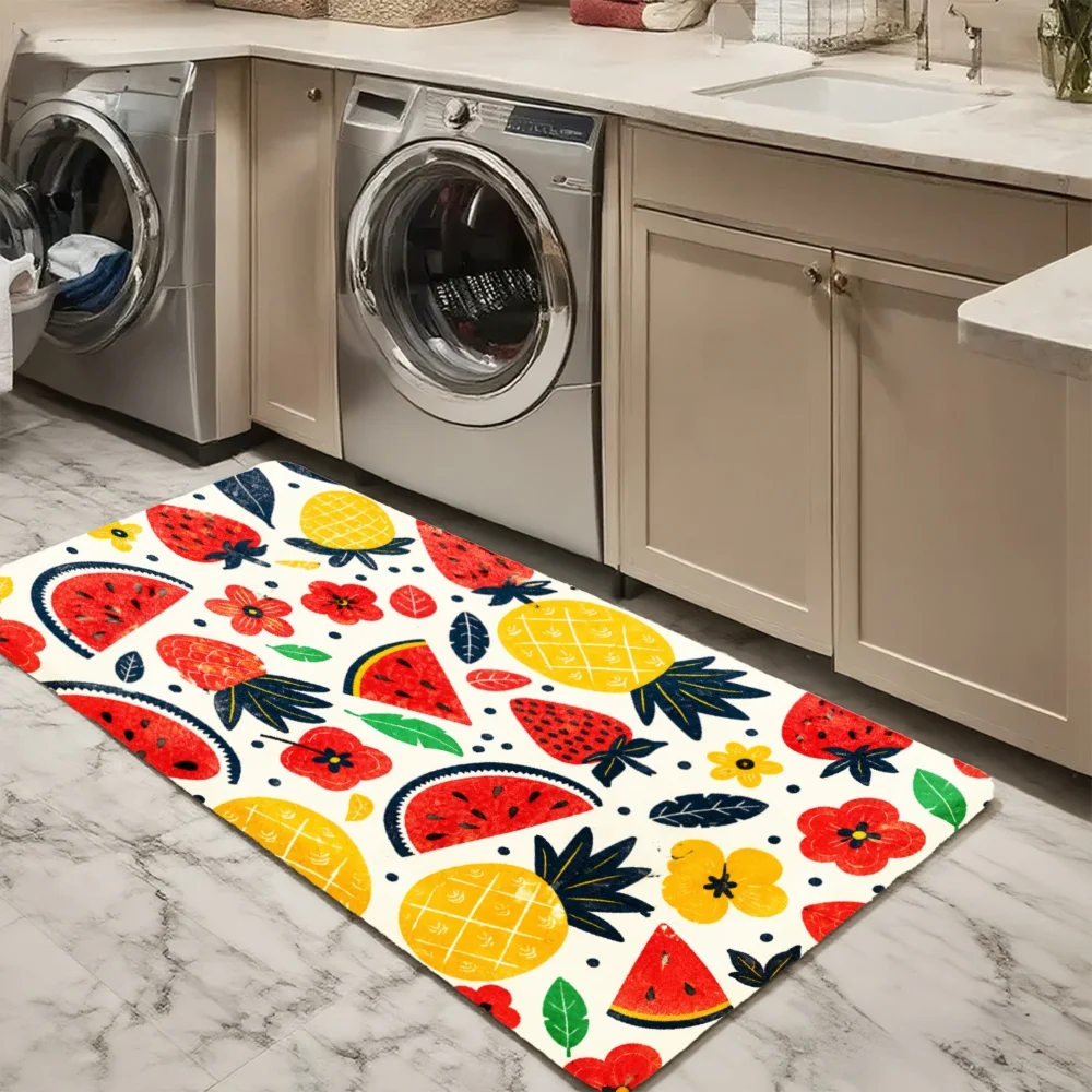 3PCS Mat Set,  Home Decoration for Front Door, Kitchen,  Watermelon Pineapple Strawberry Lemon Flower Pattern Kitchen Rug.