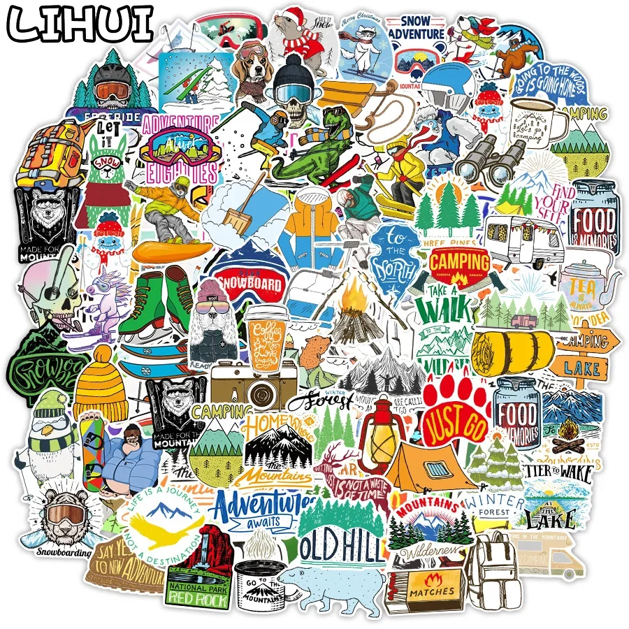 

10/100PCS Outdoor Winter Skiing Stickers for Laptop Skateboard Car Phone Luggage Fridge Waterproof Camping Sticker Kids Decals