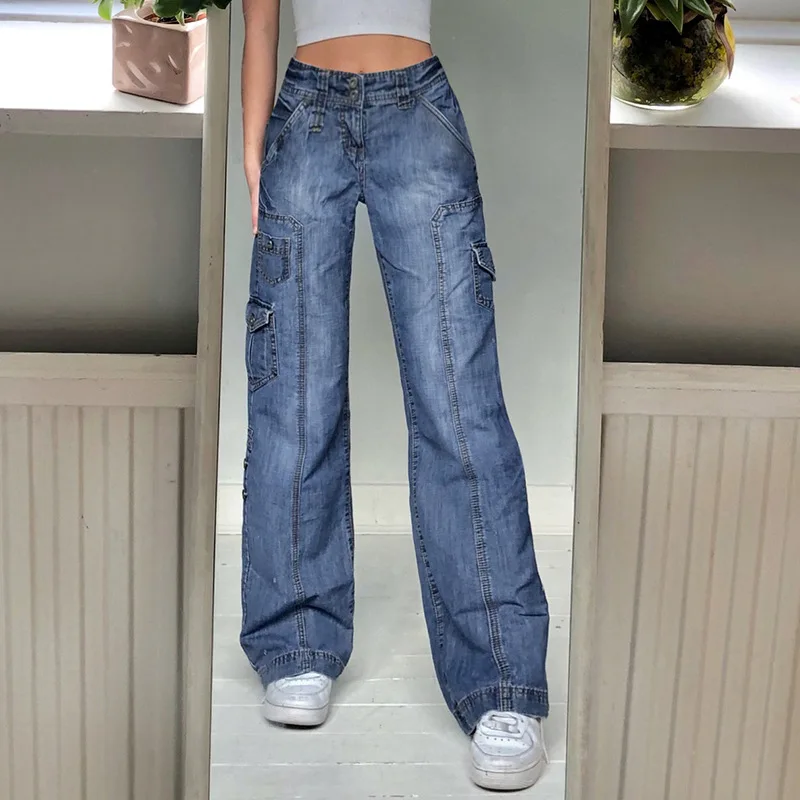 Women's new multi-pocket bright line fashion loose high-waisted denim casual straight leg pants