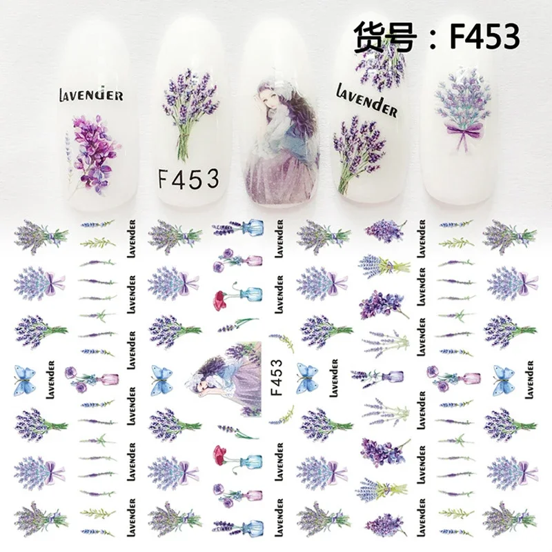 1 Sheet Nail Art Sticker Lace Flowers Dried Nail Decorations Lavender 3D Stickers DIY Manicure Full Nail Decals