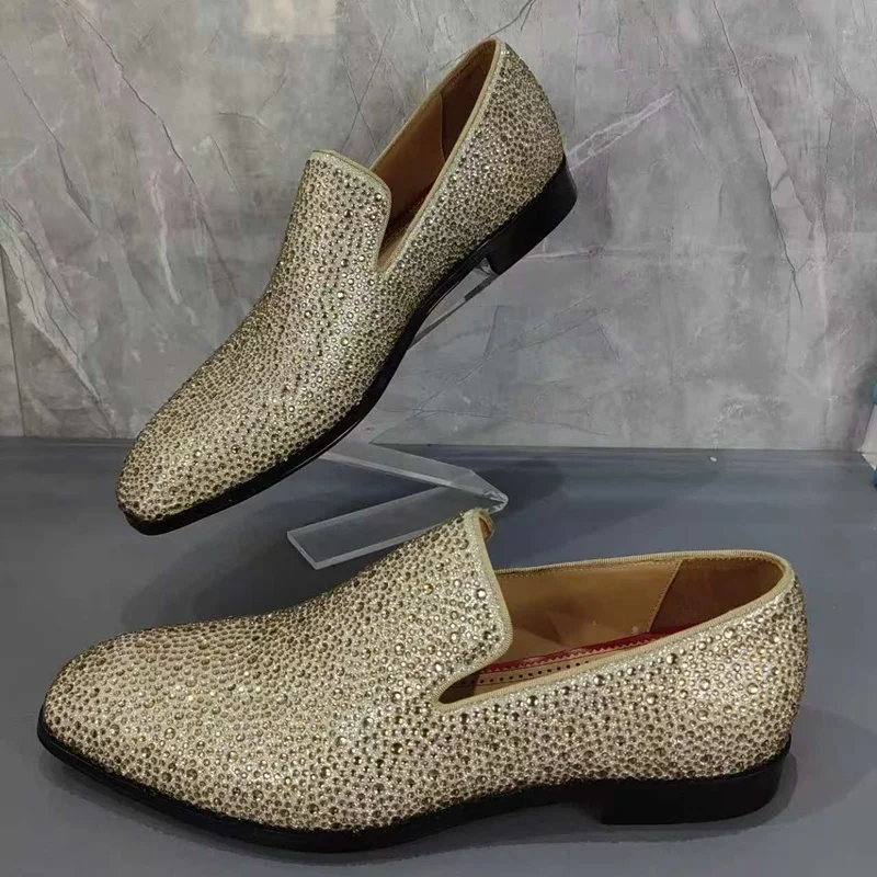 

Champagne Color Sparkling Rhinestone Loafers For Men Luxury Glitter Mens Dress Shoes Handmade Slip On Man Party Wedding Shoes