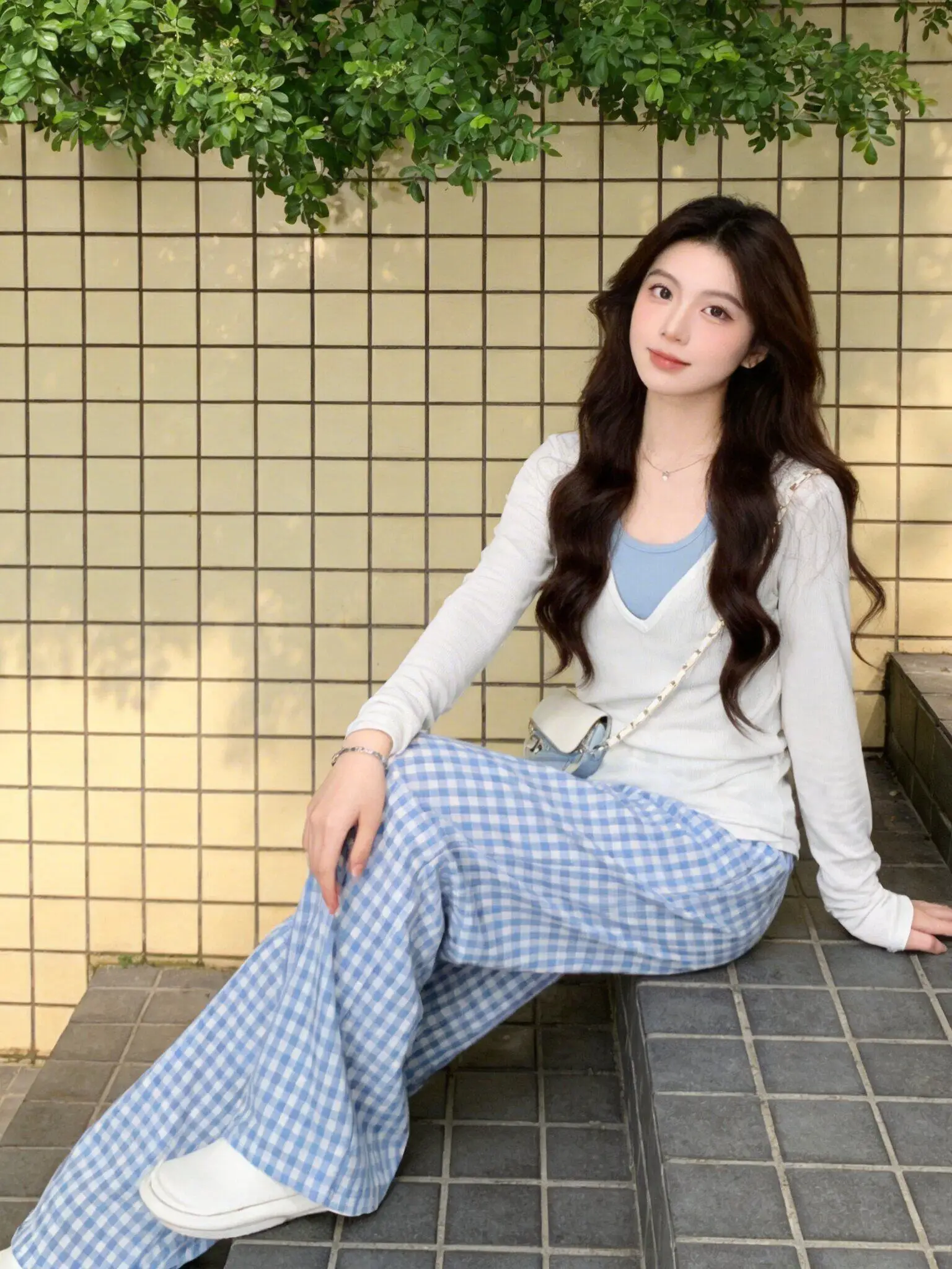 

Spring Korean Style Dopaamine Anti-Aging Outfit Blue Inner Lazy Plaid Wide Leg Pants Whole Set Women's Fashion Ensemble