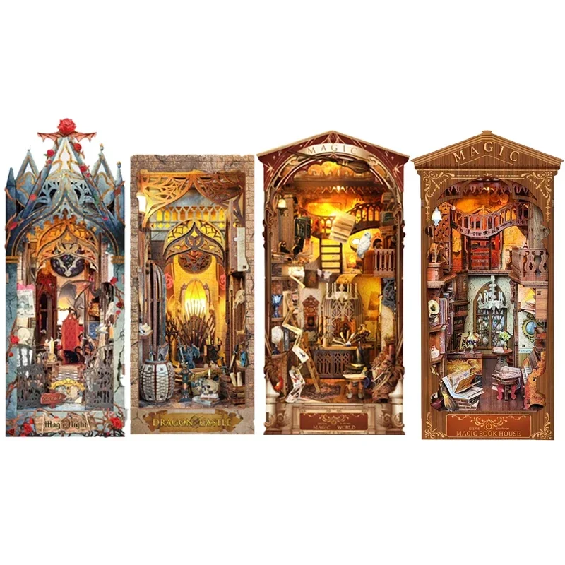 رف الكتب السحري الليلي مع أضواء LED الدفتين لتقوم بها بنفسك رف الكتب الخشبي مجموعة إدراج مجموعات بناء مصغرة هدايا الأصدقاء #6