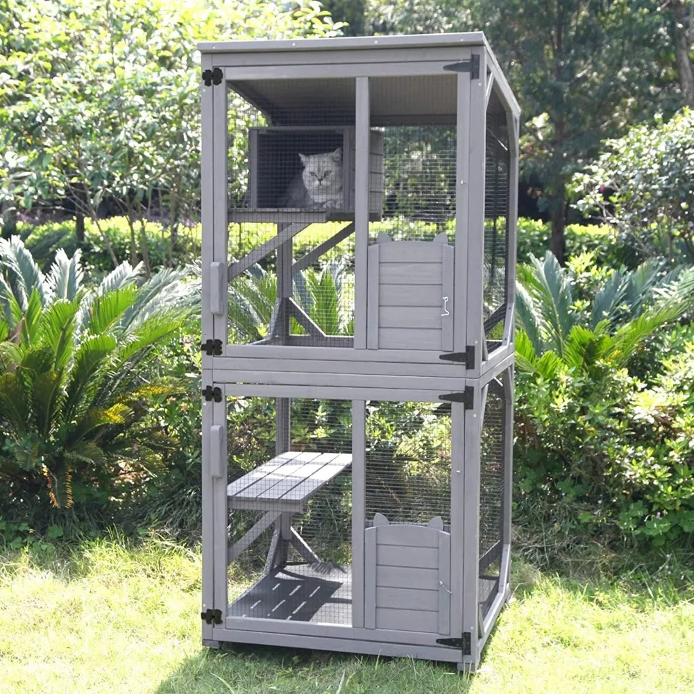 Cat Catio Kitty House Outdoor and Indoor Run Large Wooden Cat Enclosure on Wheels 70.9