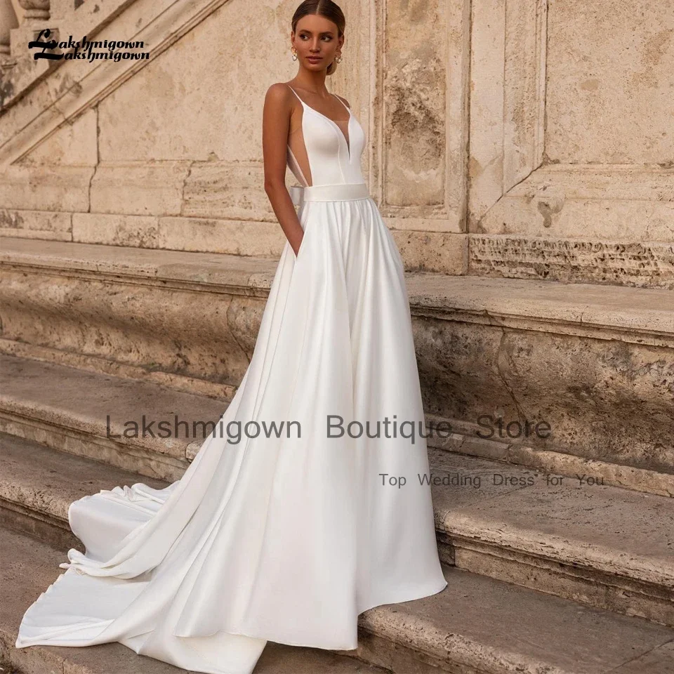 Lakshmigown Simple White Soft Satin Wedding Dress A Line 2025 Vestiti Donna Elegant Bridal Beach Receipt Dinner Party Gowns