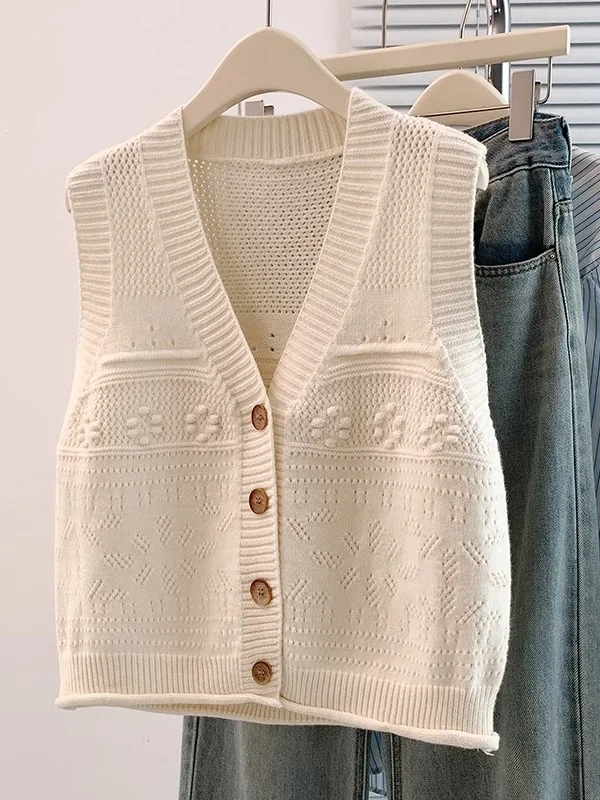 

Autumn Winter Women's Knitted Embroidered Vest Open Cardigan Sweater Cotton Blend Roll up Sve Versatile Layering Top