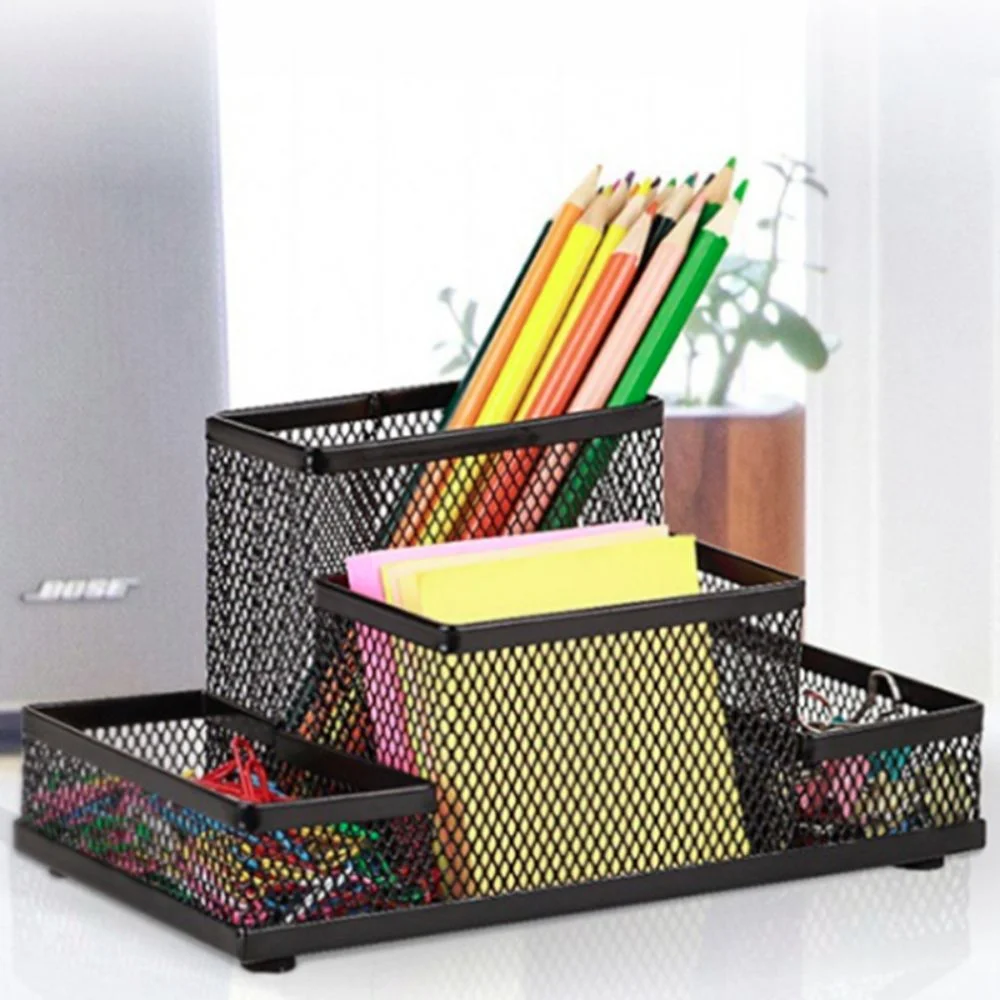 Practical Metal Pen Holder Mesh Design Large Capacity Pencil Storage Box Black 3/4 Grid Desk Stationery Organizer Student