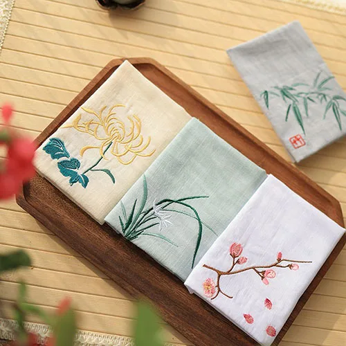 Chinese Style Hanfu Accessory 100 Cotton Embroidered Plum Orchid Bamboo Chrysanthemum Absorbent Portable Handkerchief For Men