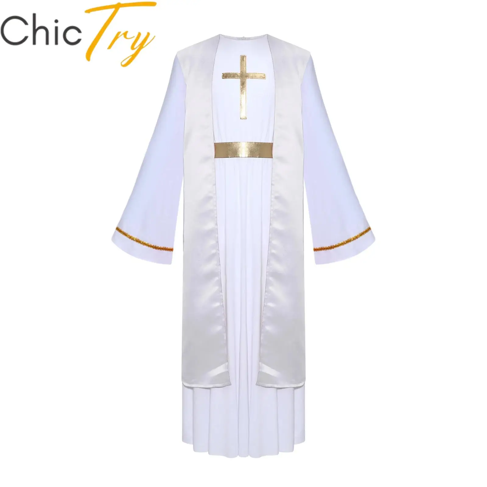 

Kids Boys Girls Jesus Cosplay Costume Halloween Dress Patchwork Flare Sleeve Chest Cross Choir Church Robe Carnival Dress Up