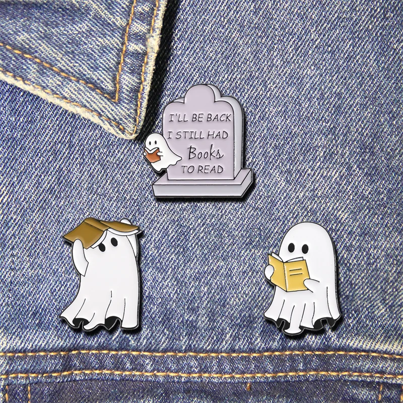 Boo Ghost Enamel Pins Cute Ghost Reading Book Brooch Lapel Halloween Badges Jewelry Gift for Friends