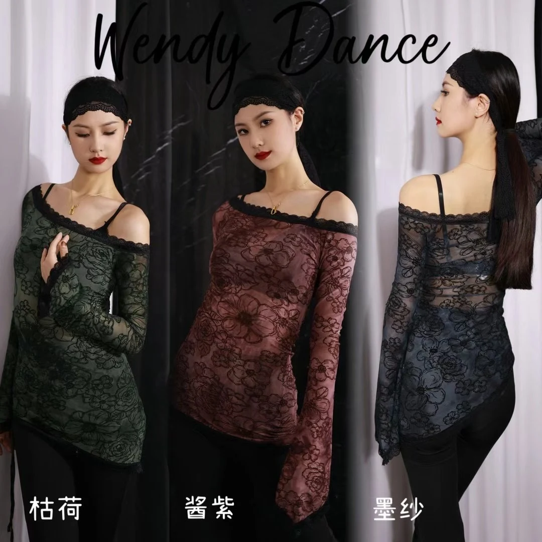 Slant Shoulder Mesh Long Sleeves Latin Dance Tops Women Ballroom Dance Clothes Practice Clothing Rumba Salsa Dance Wear DNV21726