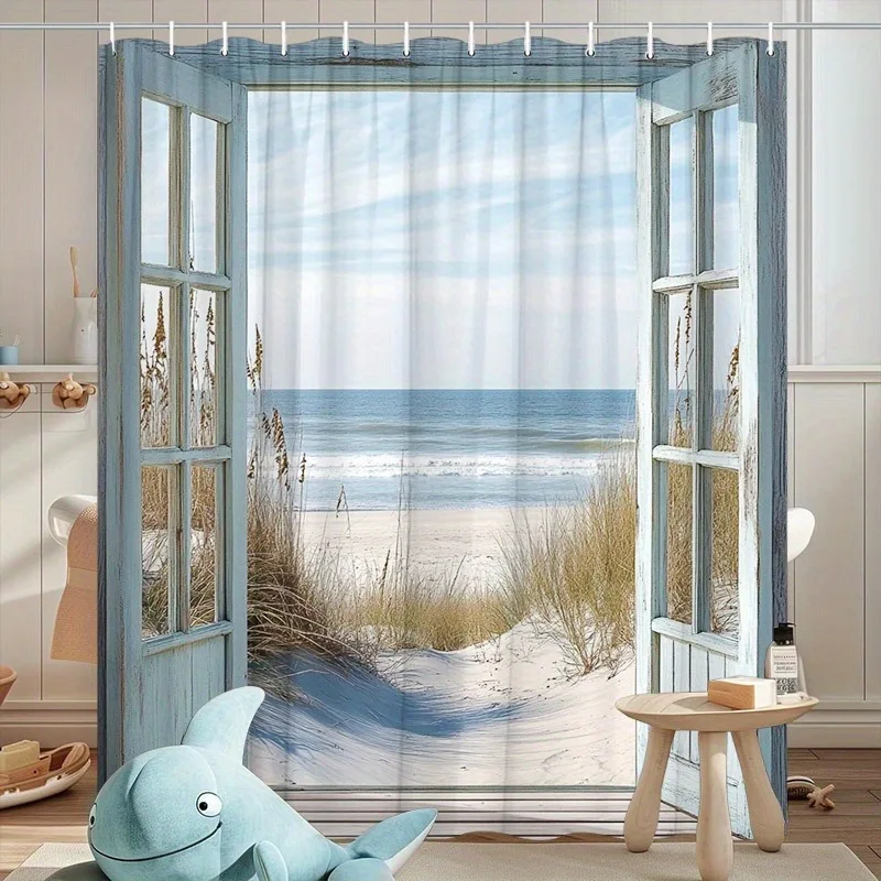 

a vintage beach themed shower curtain featuring - With Hooks Waterproof Mildew Proof Easy Install Washable