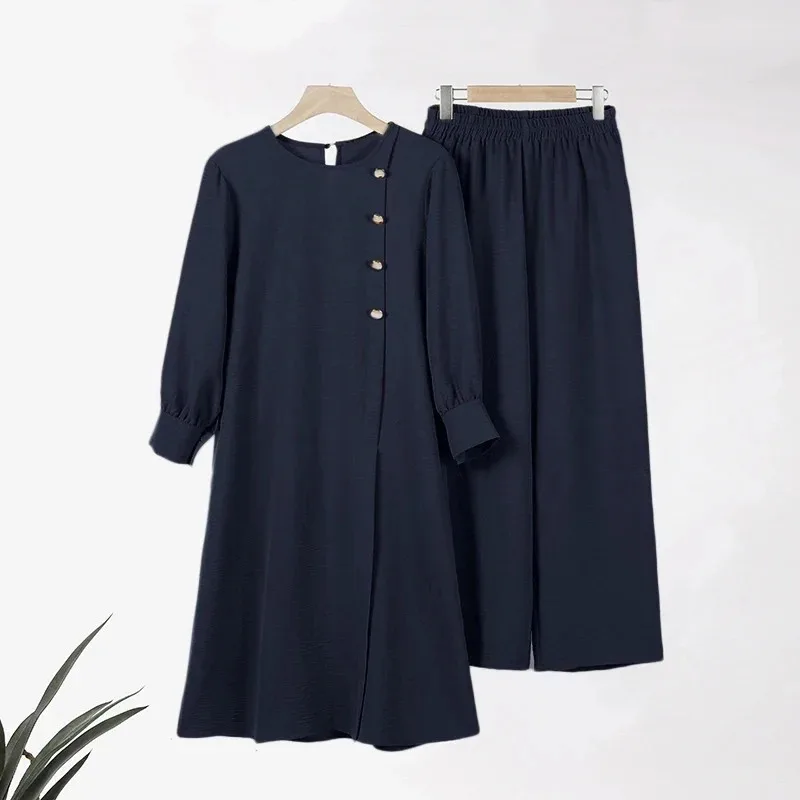 ปุ่มด้านข้างเสื้อกางเกงขากว้างชุดเจียมเนื้อเจียมตัวมุสลิม 2 ชิ้น Abaya ชุดธรรมดาแขนยาวดูไบ Eid ชุด PLUS ขนาดสูง Fit