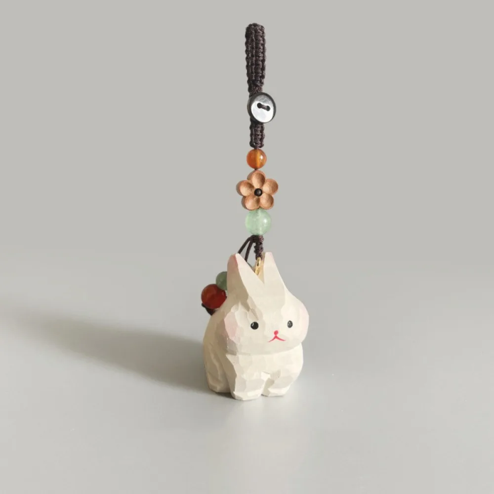 

Flower Wooden Carved Rabbit Keychain Weave Rope Cartoon Animal Wood Rabbit Dolls Pendant Ornaments Kawaii Car Keyring Gifts