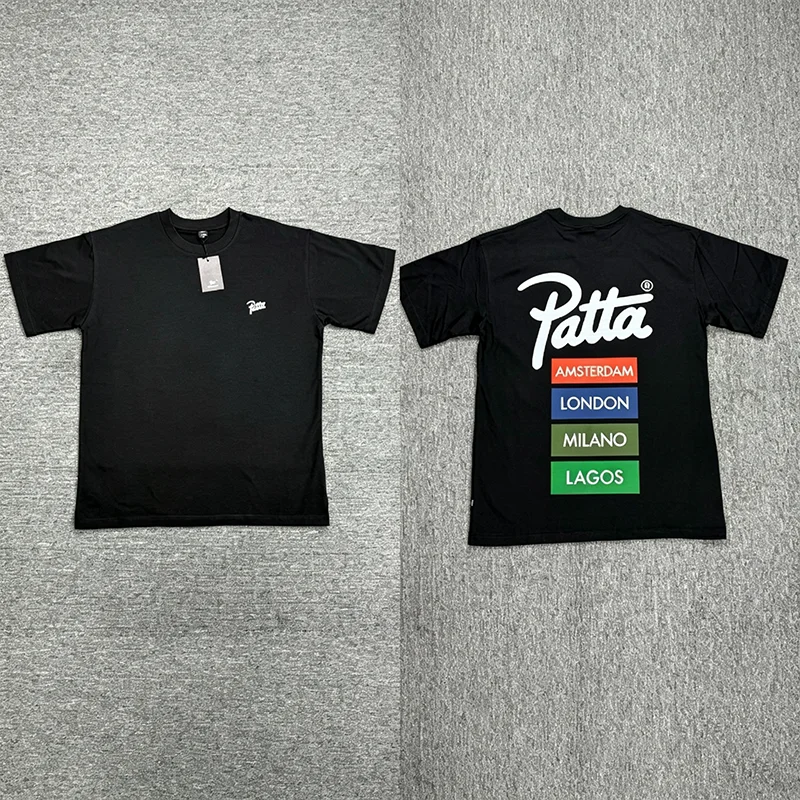 Hot New PATTA Men T-Shirt Left Chest Mini Logo Back Amsterdam London Milano Lagos City Print Solid Short Sleeve