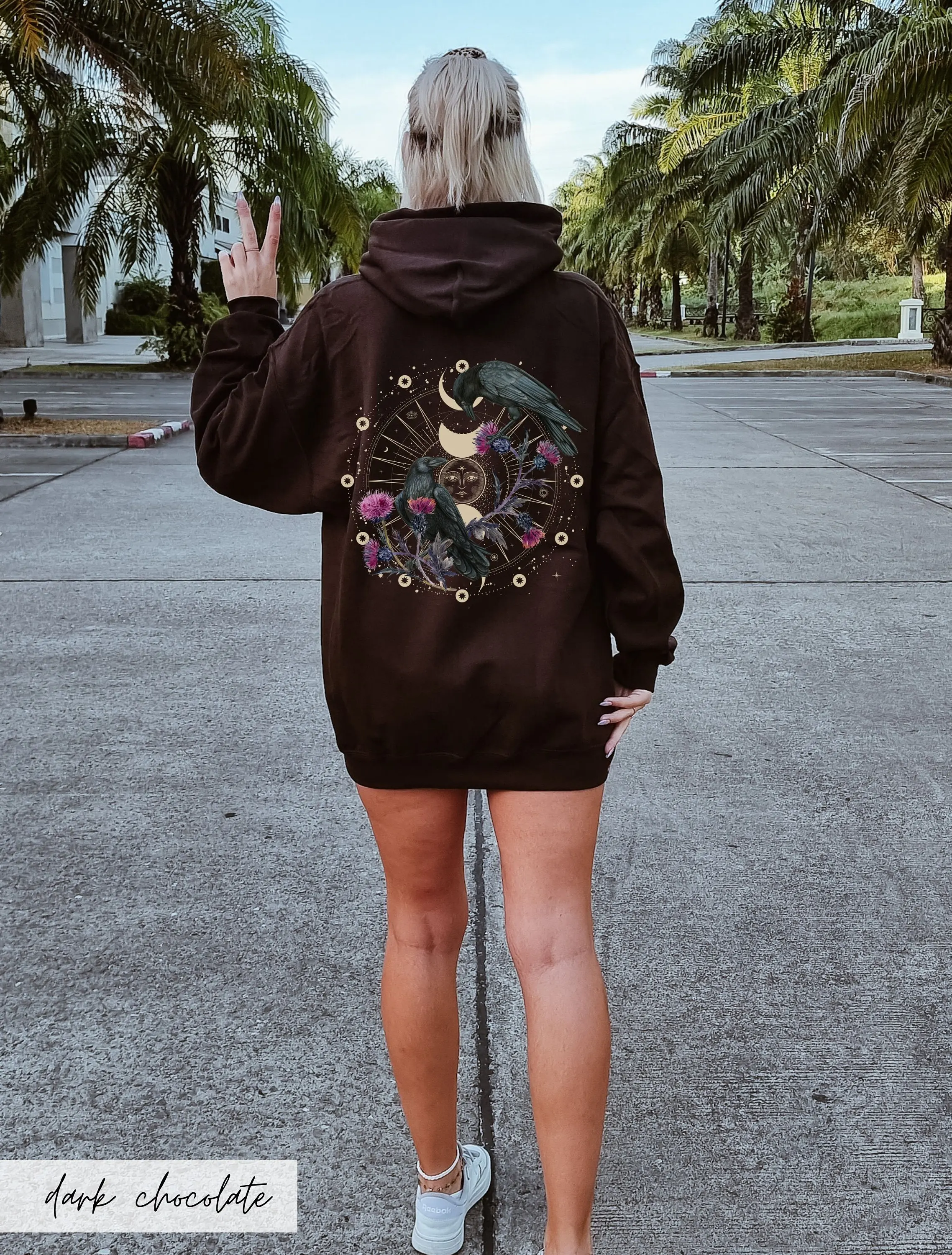 Unisex Y2K Loose Dark Academia Pullovers Vintage Celestial Ravens and Thistles Hooded Sweater Moon Phase Whimsigoth Crow Hoodie