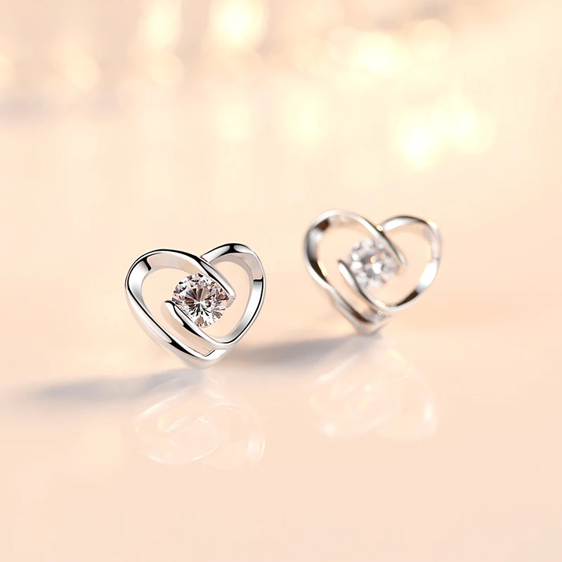 Pure 925 Sterling Silver Woman\'s Gift New Fashion Crystal Jewelry Heart Stud Earrings XY0288