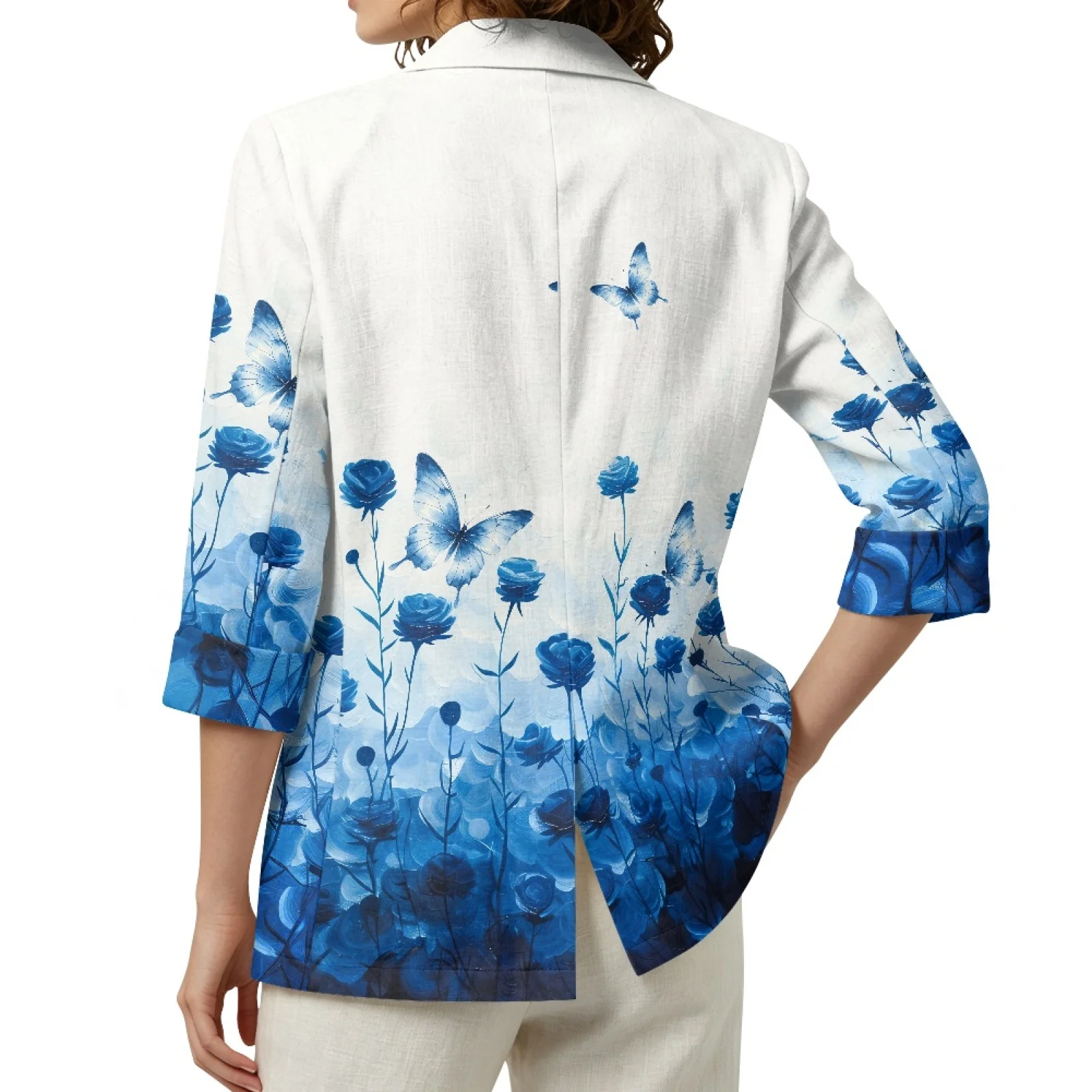 PENSTROLL Blue Floral Butterfly Open Front Cardigan Linen Style Loose Fit Jacket for Women Sizes S-3XL for Casual Travel Wear