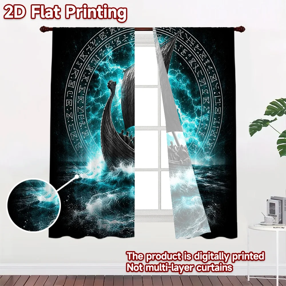 2D FLAT PRINTING 2pcs Curtains (Without Rod) Viking Ship with Runes Fashionable Modern Curtains Polyester Easy Install Curtains