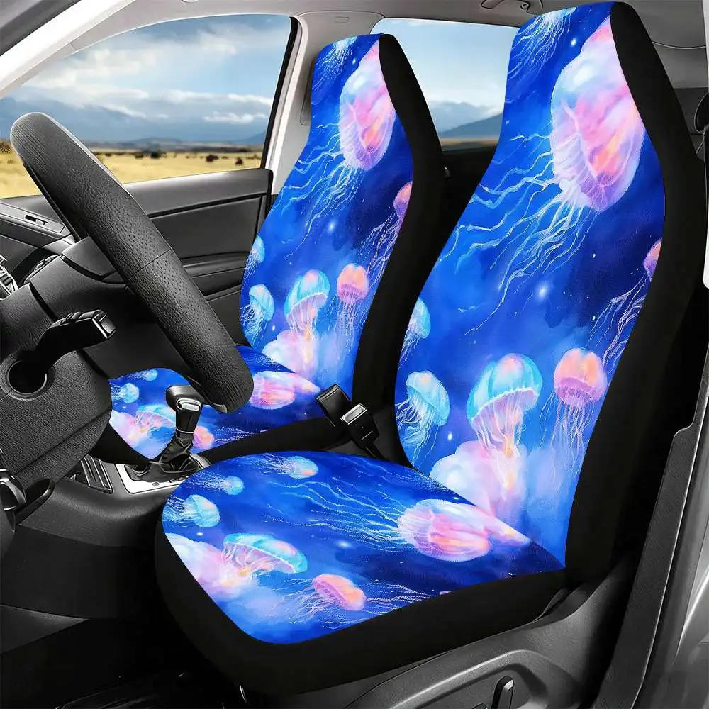 2pcs Glowing Jellyfish Ocean Car Seat Covers - High Back Design With Neon Glow-in-the-Dark Jellyfish & Glowing Ocean Life, Fit F