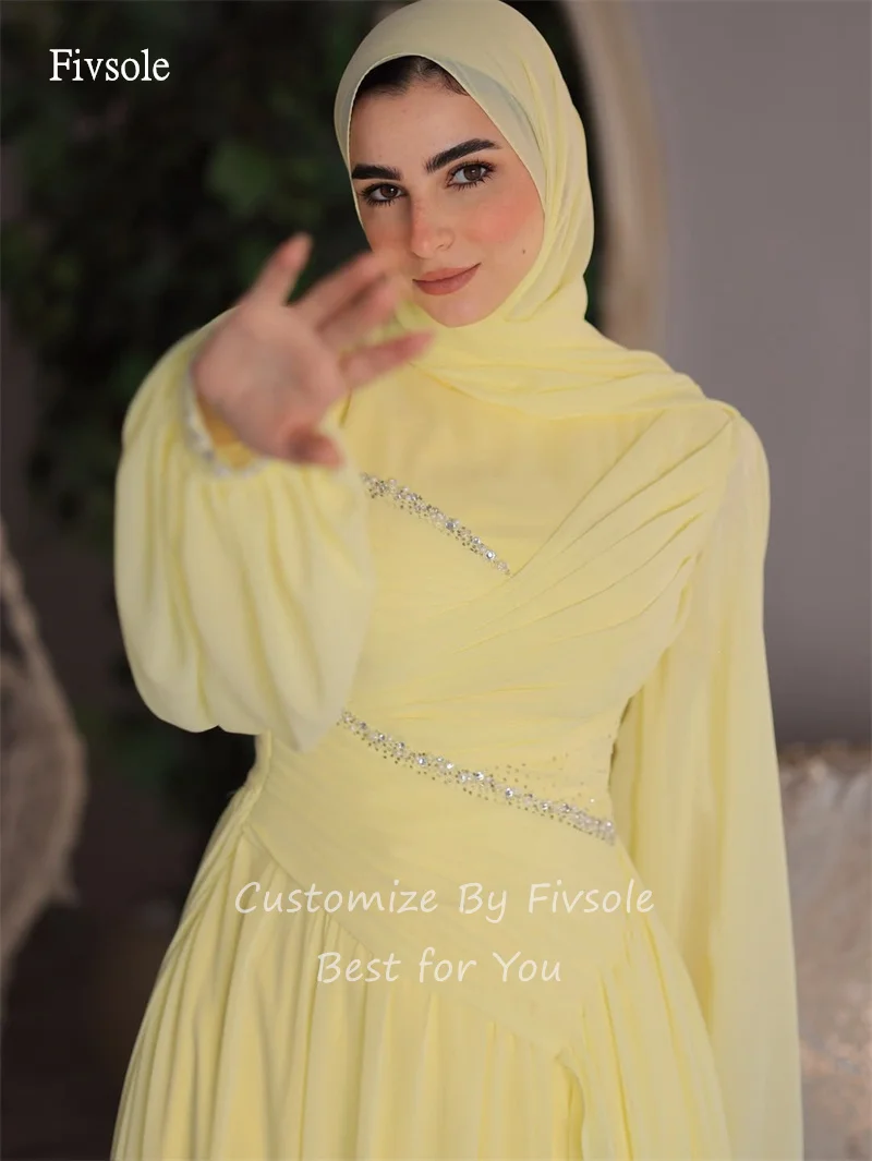 Fivsole イエロー ハイネック ビーズ A ライン プロムドレス シフォン 長袖 イード パーティー ドレス フロアレングス イブニング ドレス カスタマイズ