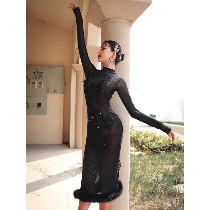 

Прозрачное черное платье для латинских танцев, сексуальный женский костюм для бальных танцев, тренировочная одежда, женская спортивная юбка для вечеринок