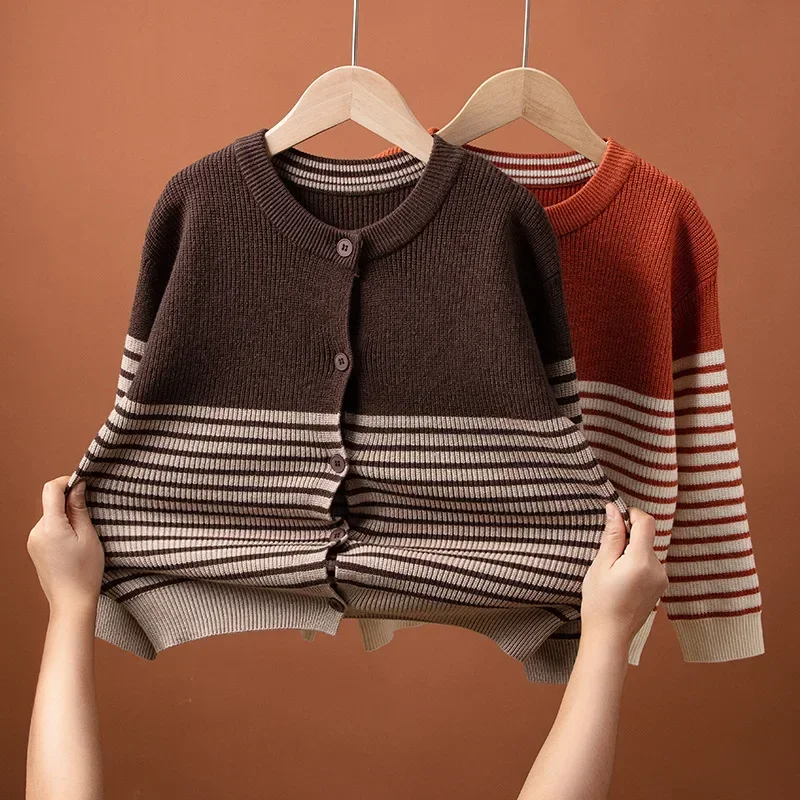 

Girls Striped Cardigan Cashmere Knitted Sweater for Boys Girls Autumn Casual All-match Knitwear School Teen Kids Outerwear Tops