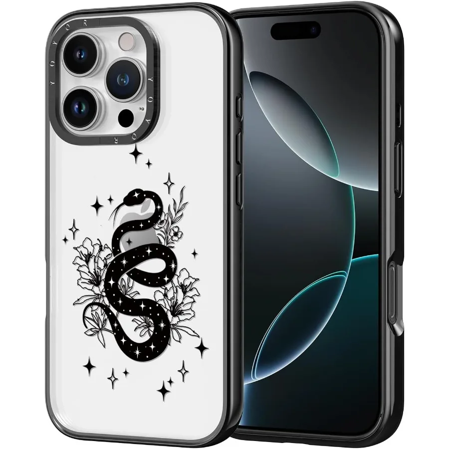 iPhone 16 Pro ケース - [6.6フィートの軍事グレード落下保護] [剥がれ防止技術] クリアブラックTPUバンパーケース (A Snake)