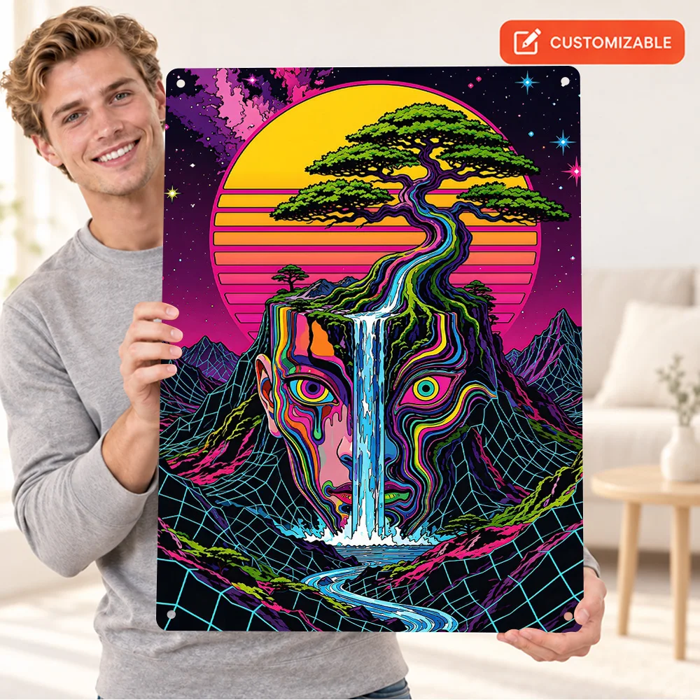 Psychedelic Bonsai Waterfall Face Aluminum Poster Bold Design Bedroom Wall Art Personalized Metal Sign Outdoor Enthusiast Gift