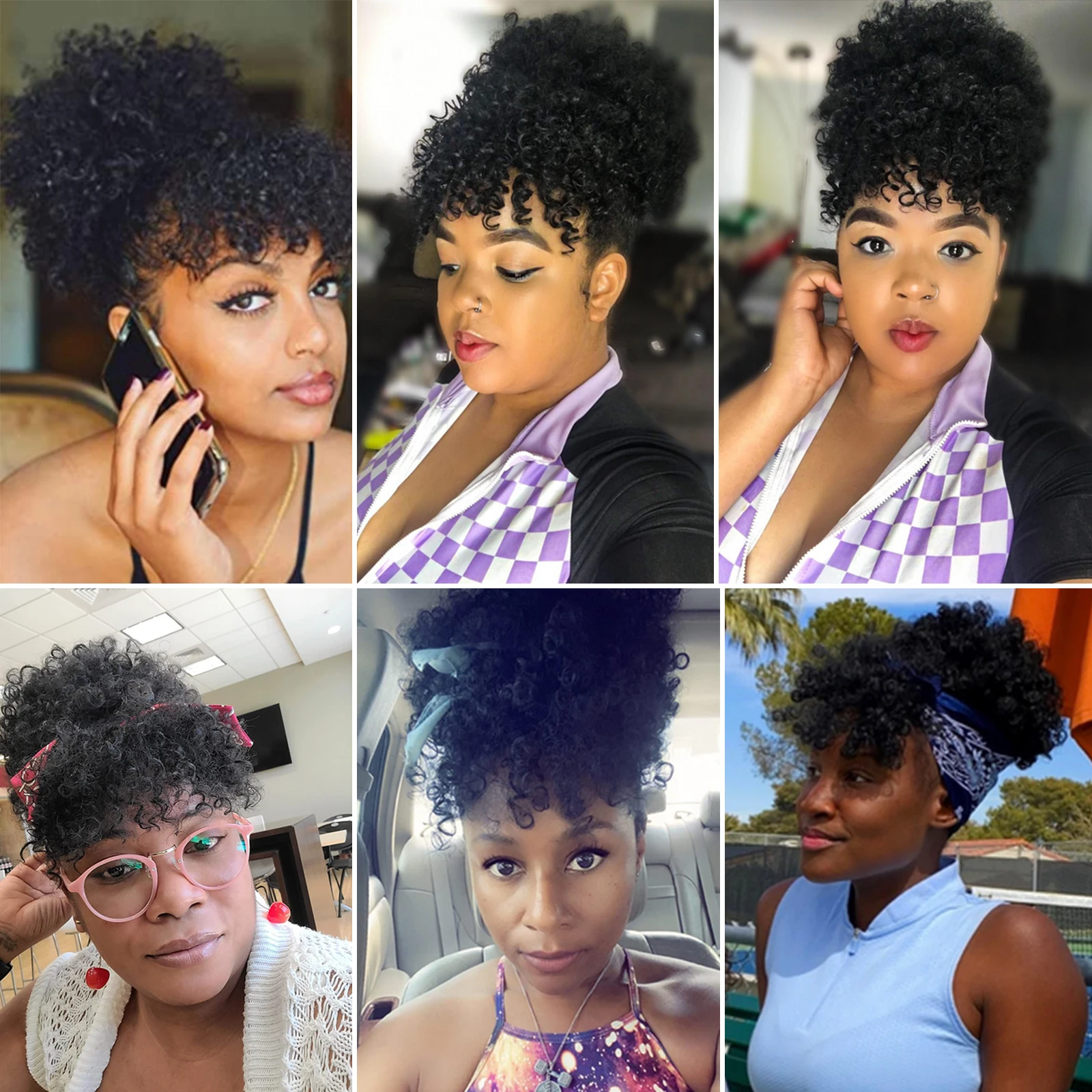 شعر مستعار اصطناعي ذيل حصان ملحقات الأفرو عالية نفخة كعكة الشعر الرباط مع الانفجارات قصيرة غريب مجعد كليب للنساء السود يوميا #6