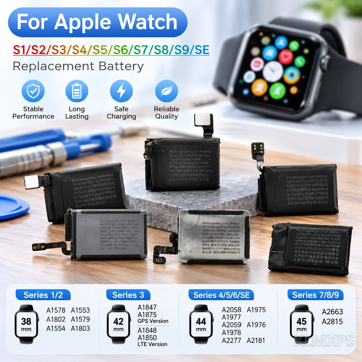 Smart Watch Replacement Battery for Apple Watch Series 1-8 and SE, S1-S8, S3 LTE, 38/40/41/42/44/45/49mm iWatch Repair Battery