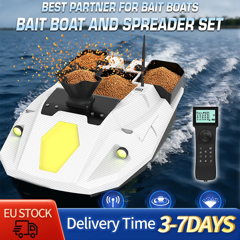 LOKEEVAN D70B GPS-Köderboot mit Ferngesteuertem Köderauswerfer, 100 Positionierungspunkte, 500m Fernsteuerung, Extra Großer 3-Behälter-Tank, GPS+Beidou Satelliten-Dual-Positionierungssystem,