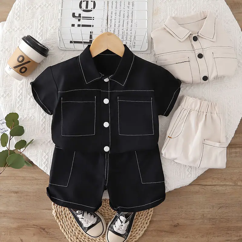 New Kids Boys Summer Clothes Solid Worker Wear Children Clothing Boy Short Sleeve T-Shirts Short Pants Tracksuit Suit Set
