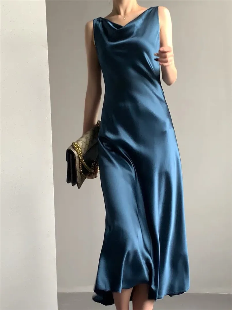 2024 Fashion Sleeveless Summer Long Dress Elegant Women Sexy Satin Tank Dresses Solid Ice Silk Vintage Slim Dress Vestidos